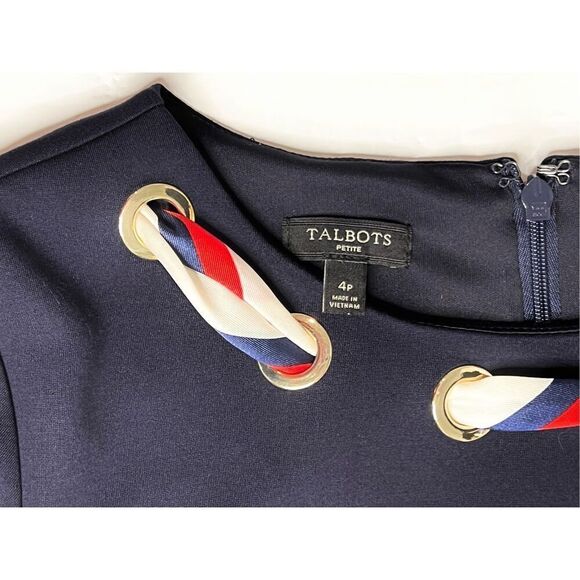 Talbots Petite Retro 50s Scarf Dress 3/4‎ Sleeve Navy Blue Ponte Fit & Flare 4P - Picture 5 of 12